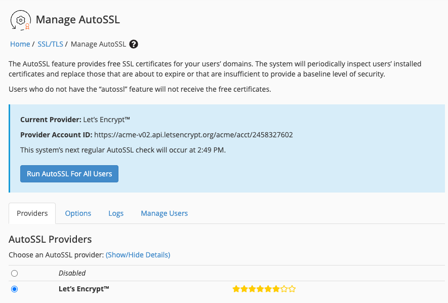 A screenshot of the Manage AutoSSL interface showing 'Providers', 'Options', 'Logs', and 'Manage Users' tabs.