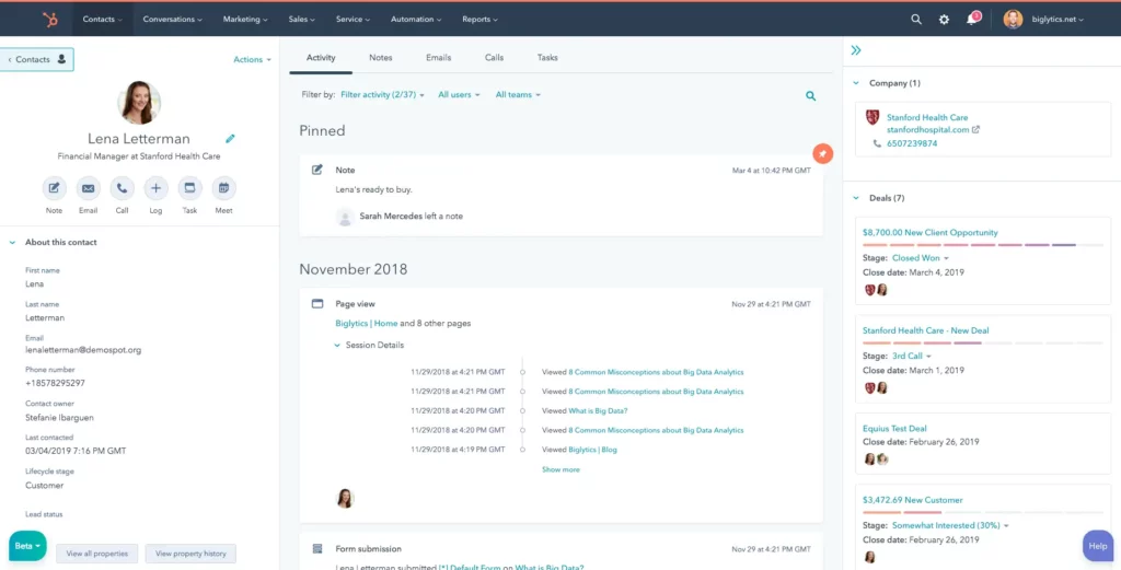 HubSpot's dashboard interface. On the left side, there is a profile section for a financial manager at a healthcare organization, with contact details and recent activity. The main section displays the "Activity" tab with pinned notes and activities. On the right side, there is a timeline of deals and tasks related to the healthcare organization.